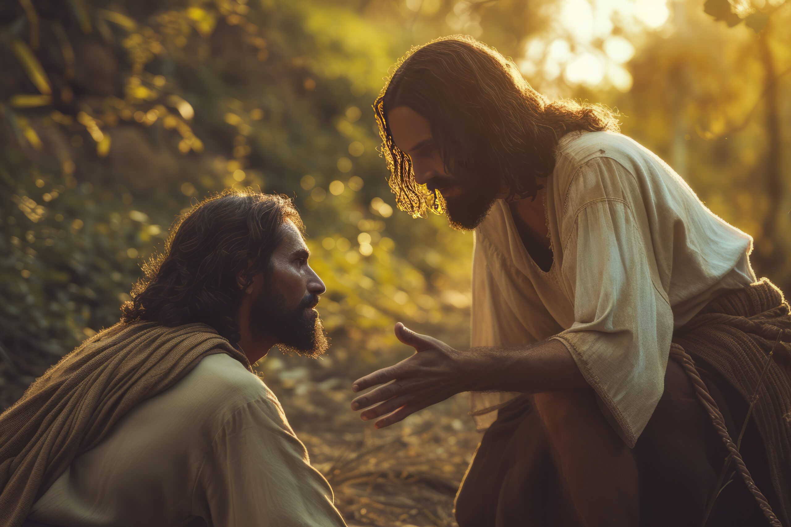 stock photo. Miraculous Healing: An uplifting scene where Jesus extends healing to a person in need, conveying the concept of divine intervention and compassion.