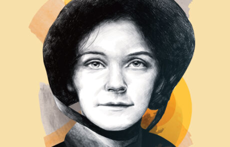 A stylized digital illustration of Eliza Shirley, a pioneering Salvation Army officer, depicted in black and white with fine crosshatching details. She wears a traditional bonnet, and the background features abstract orange and yellow brush strokes. Artwork by Paul Ryding.