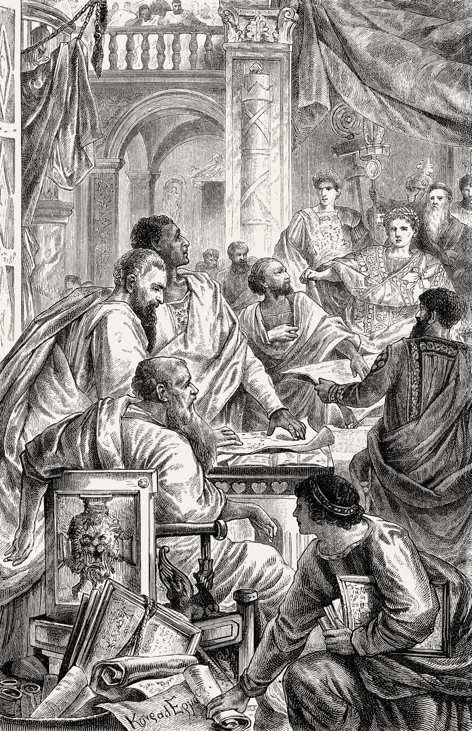 Depiction of the firstecumenical council in the Christian Church, held in Nicaea (modernday Turkey), A.D. 325.