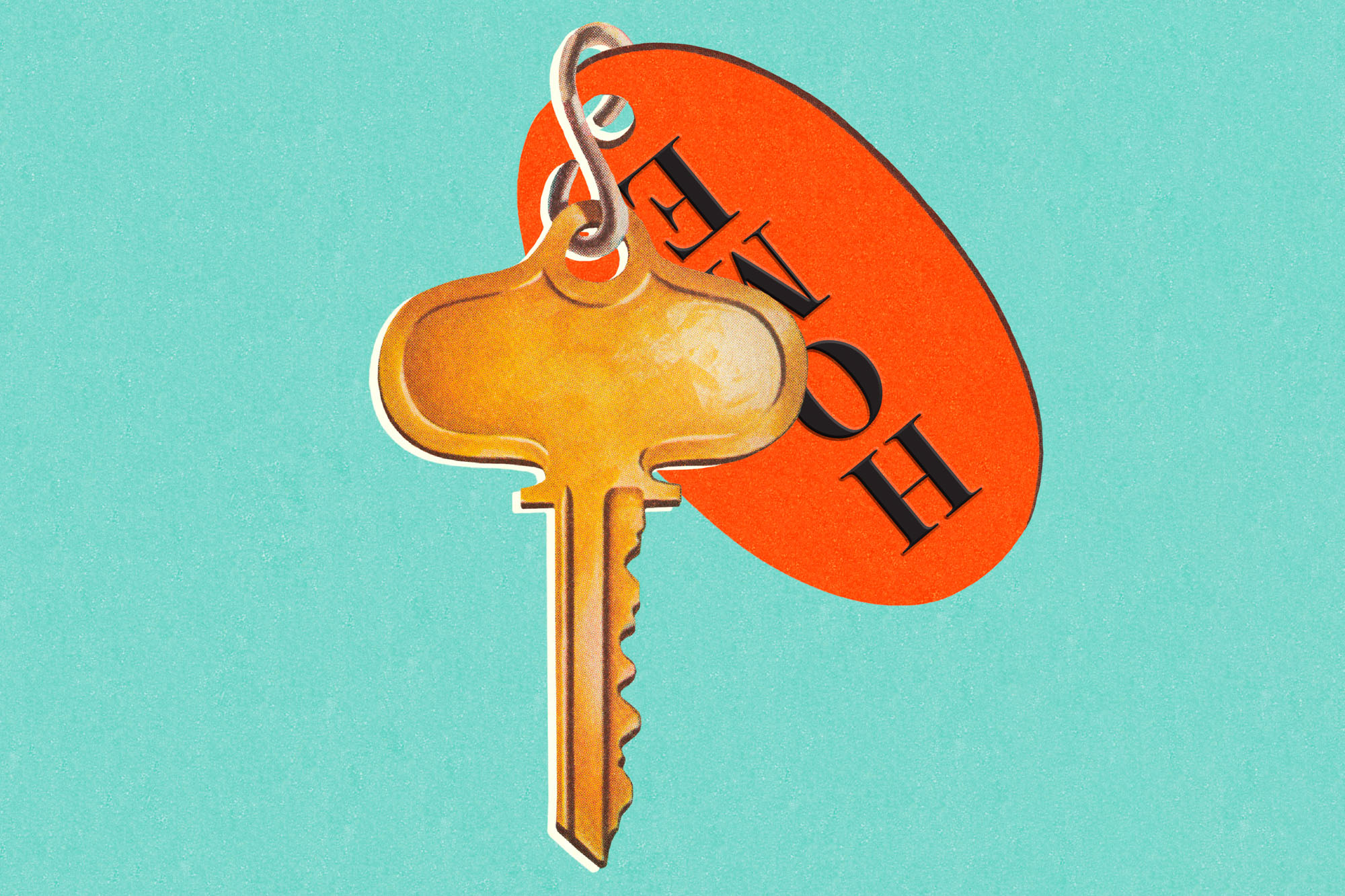 Illustration of a gold key with a red oval key tag labeled ‘HOME’ in bold black letters, set against a textured turquoise background.