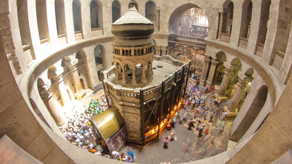 The Holy Sepulchre Church inside from top in Jerusalem timelapse. This is the most sacred place for all Christians in the world. Golgotha, Stone of Anointing, Jesus Grave. Jerusalem, Israel