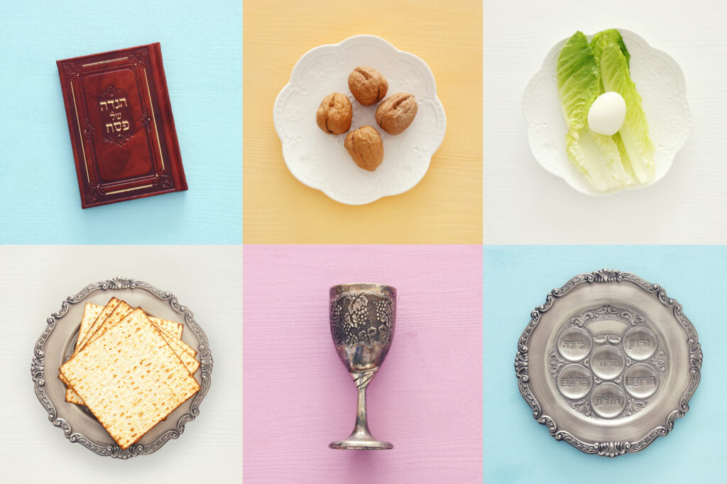 Pesah celebration concept (jewish Passover holiday). Traditional book with text in hebrew: Passover Haggadah (Passover Tale)